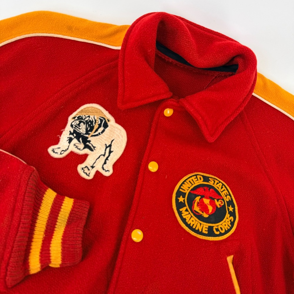 Vintage US Marine Wool Letterman Jacket Mens M 70s Bulldog Patch Red Yellow READ